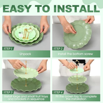 FoldTier 6 Pack Cupcake Stand Set 3 Pcs 3 Tier Gradient Dessert Table Display Stands Cookie Tray Rack 3 X14 in Rectangle Party Trays for Wedding Birthday Tea Party Baby Shower(Green,Round)
