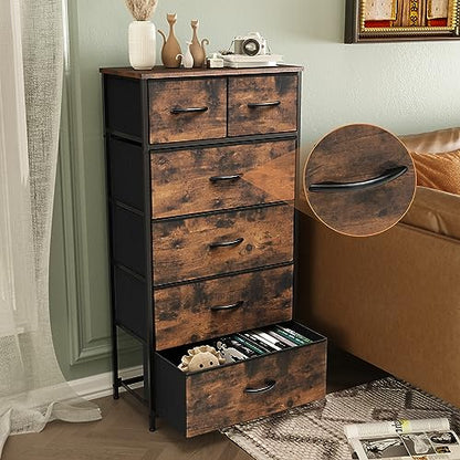 Tall Dresser for Bedroom, Fabric Storage Tower with 6 Drawers | Vertical Organizer Cabinet, Steel Frame, Wooden Top for Closet, Living Room, Hallway