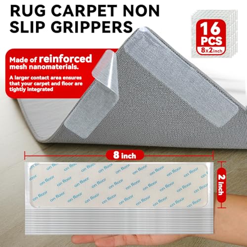 Rug Non Slip Grippers, 16Pcs Carpet Tape Reusable, No Residue | Keep Carpet Corners Flat on Hardwood Floors, Strong Hold Rug Stickers