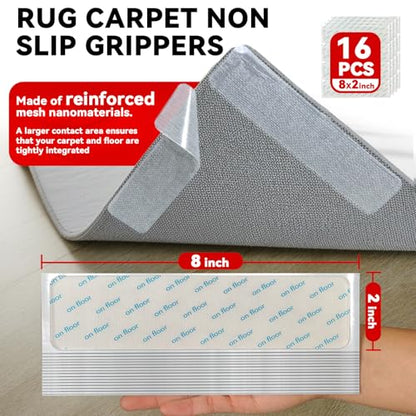 Rug Non Slip Grippers, 16Pcs Carpet Tape Reusable, No Residue | Keep Carpet Corners Flat on Hardwood Floors, Strong Hold Rug Stickers