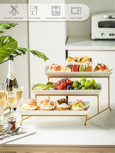 3 Tier Serving Tray for Party, Tiered Serving Plat... (Gold Stand | Ceramic)