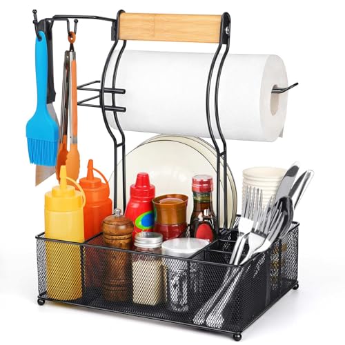 Grill Caddy, BBQ Caddy with Paper Towel Holder for Outdoor Grilling | 7 Compartments, 3 Hooks, Steel Mesh Design, Easy Assembly, Grill Tools Storage, Tailgating & Picnic, Condiment Organizer