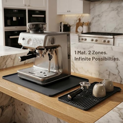 Silicone Coffee Mat for Countertop, 24x16 inch Heat Resistant Espresso Machine Mat, Non-Slip Coffee Bar Mat with Detachable Drying Area and Raised Edge, Waterproof Station Pad - Black