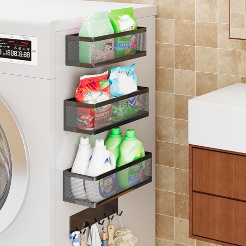 4 Pack Magnetic Shelves with Hook Rack for Washing... (4 Count | Black | Carbon Steel)
