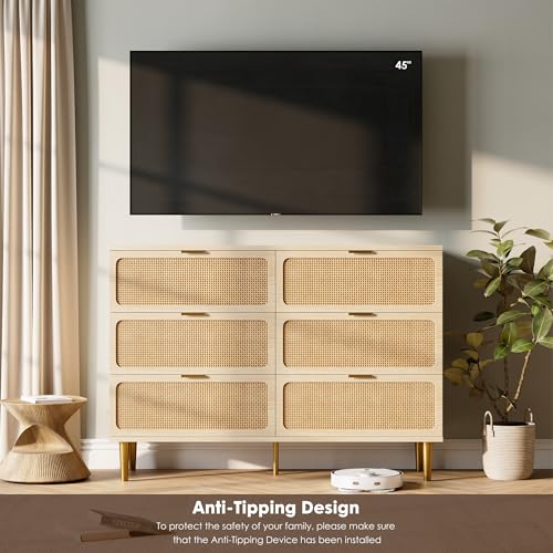 GarveeHome Rattan 6 Drawer Dressers for Bedroom, Deep Drawer, Natural | Tall Dresser, Wide Top, for Living Room, Hallway, Kids Room, Large Chest of Drawers for Closet, Long Wooden Dresser