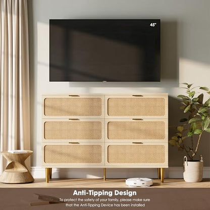 GarveeHome Rattan 6 Drawer Dressers for Bedroom, Deep Drawer, Natural | Tall Dresser, Wide Top, for Living Room, Hallway, Kids Room, Large Chest of Drawers for Closet, Long Wooden Dresser