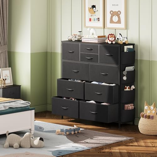 WLIVE 10 Drawer Black Fabric Dresser for Bedroom, Side Pocket & Hooks Chest | Fabric chest of drawers, steel frame, side pockets & hooks. Sleek modern storage for bedroom, closet, living room.