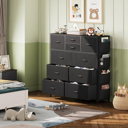 WLIVE 10 Drawer Black Fabric Dresser for Bedroom, Side Pocket & Hooks Chest | Fabric chest of drawers, steel frame, side pockets & hooks. Sleek modern storage for bedroom, closet, living room.