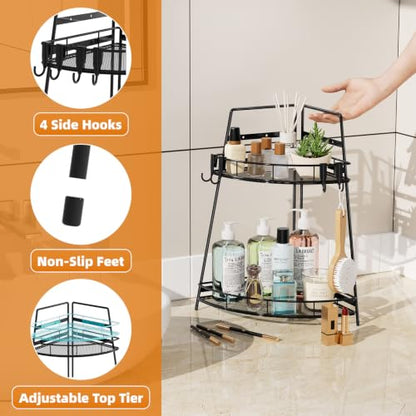 VITVITI 2 Tier Corner Bathroom Counter Organizer, Metal Bathroom Countertop Organizer Shelf Storage, Bath Room Sink Makeup Organizers for Vanity Perfume Skincare with Hooks, Black