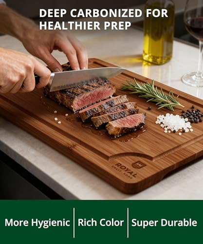 ROYAL CRAFT WOOD Wooden Cutting Boards for Kitchen Appliances - Non Toxic Bamboo Wood Cutting Board Set with Deep Juice Groove, Side Handles, Charcuterie & Butcher Block for Meat, Meal Prep & Serving