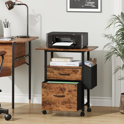 GYIIYUO 2 Drawer File Cabinet 24''W, Mobile Filing Cabinet, Printer Stand | 24'' Extended Desktop, Rolling, Side Bag, Fits A4/Letter Size, Home Office, Fabric Drawer, Light Brown