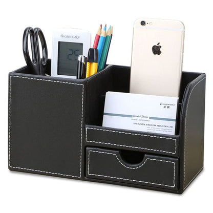 Desk Organizer Office Supplies Caddy Pu Leather Multi-function Storage Box Pen/Pencil,Cell phone, Business Name Cards Remote Control Holder with Small Drawer Black