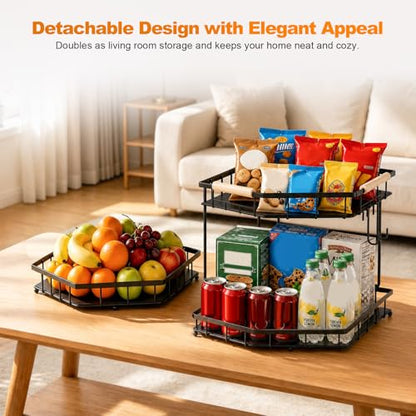 2 Tier Corner Fruit Basket for Kitchen Counter With 2 Banana Hangers | Space-Saving Corner Design, 2 Protective Mats,Wooden Handle,Fruit Holder For Fruit and Vegetable Storage,Counter Fruit Stand