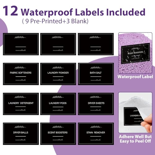3+1 Pack Clear Laundry Pods Container & Dryer Sheet Holder Black Lid | Laundry Organization, Square Design, 2 Scoops & 12 Labels, For Detergent Powder, Laundry Pods, Dryer Sheets, Dryer Balls