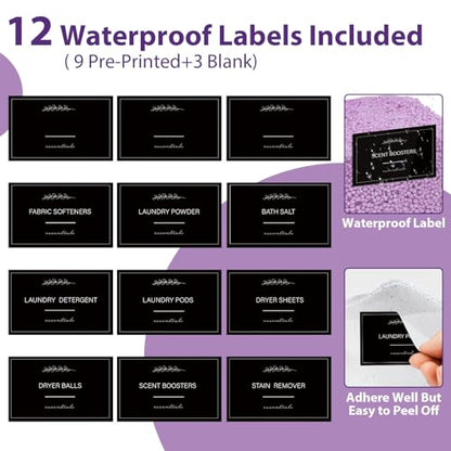 3+1 Pack Clear Laundry Pods Container & Dryer Sheet Holder Black Lid | Laundry Organization, Square Design, 2 Scoops & 12 Labels, For Detergent Powder, Laundry Pods, Dryer Sheets, Dryer Balls