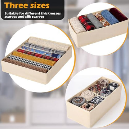 Soft Scarf Organizer for Closet Drawer 3 Set Fabric Storage Bins with 6, 7, and 8 Compartments for Scarves and Accessories Space Saving Closet Organizers Non Damaging Flexible Storage for Home (Beige)