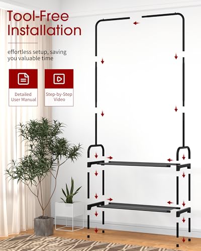 Sakugi Clothes Rack - 29.3" × 12.5" × 59.6" Clothing Rack and Shoe Rack with Anti-Slip Stopper, Large Capacity Rack with 2-Tier Shoe Organizer, Clothes Organizer for Bedroom, Entrance, Laundry, Black