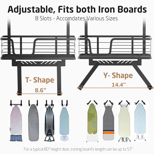 KES Over The Door Ironing Board Holder, Ironing Board Hanger Door Mount with Storage Shelf Y and T Shaped Fits for 1 3/8 Doors Matte Black, HIR501A-BK