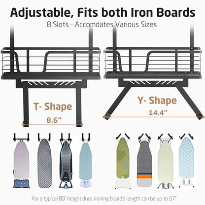 KES Over The Door Ironing Board Holder, Ironing Board Hanger Door Mount with Storage Shelf Y and T Shaped Fits for 1 3/8 Doors Matte Black, HIR501A-BK