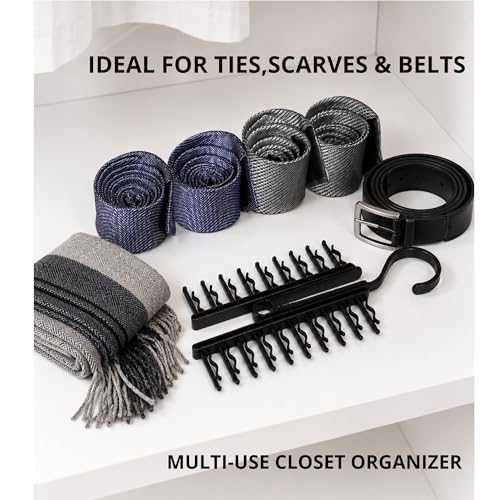 Tie Hanger for Men – 2 Pack Space-Saving Tie Organizer for Closet – Durable Plastic Scarf & Belt Hanger – 20-Tie Capacity Rack, Black – Closet Organizer for Ties, Scarves & Accessories