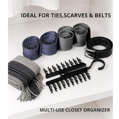 Tie Hanger for Men – 2 Pack Space-Saving Tie Organizer for Closet – Durable Plastic Scarf & Belt Hanger – 20-Tie Capacity Rack, Black – Closet Organizer for Ties, Scarves & Accessories