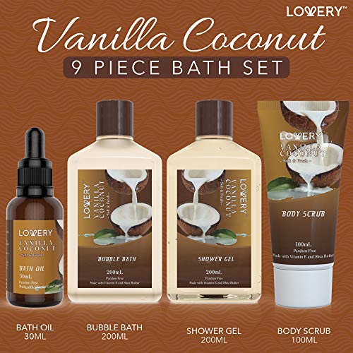 Gifts For Women Gift Basket for Women– 9 Piece Set of Vanilla Coconut Home Spa Set, Luxurious Gifts for Her, Bath and Body Sets Includes Fragrant Lotions, Large Bath Bombs, Coconut Oil