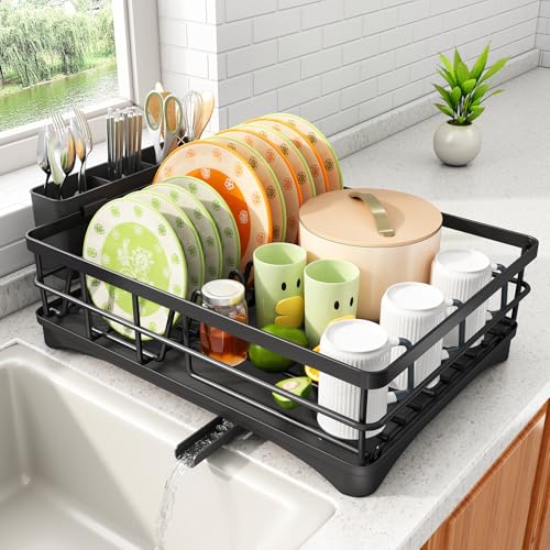 Dish Drying Rack for Kitchen Counter with Utensil... (Black | Stainless Steel)