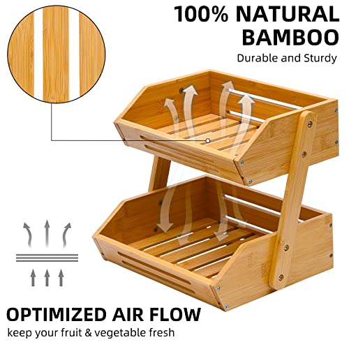 Fruit Basket, 2 Tier Bamboo Fruit Basket for Kitchen, 11" Tall Fruit Stand Storage Holder, Heavy Duty/Large Capacity for Vegetables, Fruit, and Snack, 15 mm Thickness (Self-assembly)