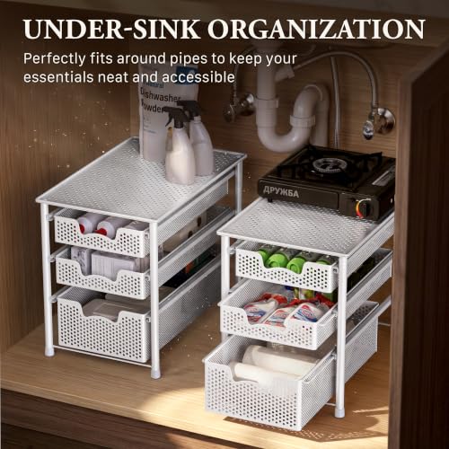Simple Houseware 3 Tier White Alloy Steel Sliding Basket Organizer Drawer Cabinet | 3 Tier White Alloy Steel Sliding Basket Organizer Drawer Cabinet