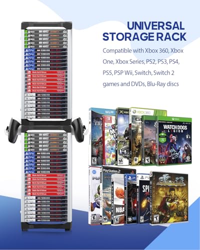 Nargos Video Game Storage Tower, Universal Organizer for PS5/PS4/PS3/PS2, Xbox One/360/Series X/S, Wii, Switch/Switch 2, DVD and Blu-Ray Cases (46 Pcs)