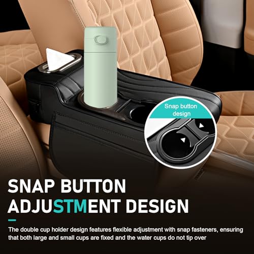 Car Center Console Cover, Microfiber Leather Car Armrest Cover, Multifunctional Armrest Storage Box with 2 Storage Bags, Cup Holders, Tissue Box Slot, Universal for Most Cars (Black)