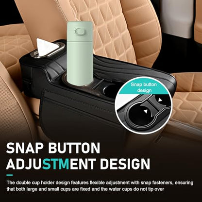 Car Center Console Cover, Microfiber Leather Car Armrest Cover, Multifunctional Armrest Storage Box with 2 Storage Bags, Cup Holders, Tissue Box Slot, Universal for Most Cars (Black)