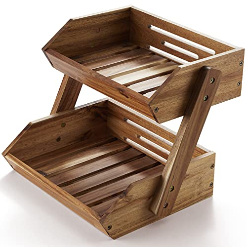 Acacia Wooden Fruit Basket, Fruit Bowl, 2 Tier Fruit Basket for Kitchen Counter, Produce Stand Storage Holder, Heavy Duty/Multipurpose/Large Capacity for Onion Potato, Vegetables, Spice Jars