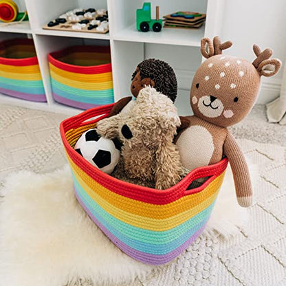 OrganiHaus Rainbow Baskets for Shelves, Set of 3, 15x9x10 | Colorful, handwoven cotton rope; a toy bin for playroom, classroom, or girls' room decor; great for nursery too
