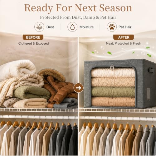 GoMaihe Clothes Storage Bins with Metal Frame for Sweaters, 40L 3-Pack Grey | Seasonal Clothes Hoodies Jeans, Closet Top Shelf Linen Closet Organizer, 3 Side Access Stackable Collapse-Proof, Clear Window
