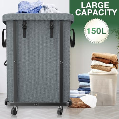 Laundry Hamper with Lid,150L Rolling Laundry Basket with Wheels,Grey | Dirty Clothes Hamper with Metal Frame and Removable Bag Design,Large Rolling Hampers for Laundry Room, Bedroom,Dorm
