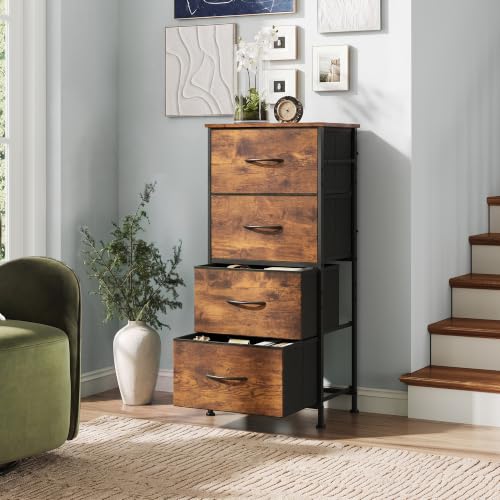 WLIVE Small Dresser Nightstand for Bedroom, 4 Drawers, Rustic Brown | 4 vertical fabric drawers, Space-saving tower, Bedroom or closet use, Chest of drawers, Dresser for small spaces