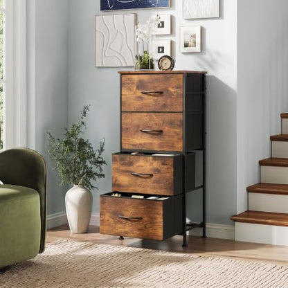 WLIVE Small Dresser Nightstand for Bedroom, 4 Drawers, Rustic Brown | 4 vertical fabric drawers, Space-saving tower, Bedroom or closet use, Chest of drawers, Dresser for small spaces