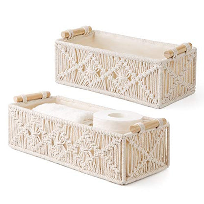 Mkono 2Pc Macrame Storage Baskets, Boho Bathroom Toilet Paper Holder, Ivory | Small Baskets for Organizing, Hand-Woven, Bohemian Beach Coastal Decor, Shelf Vanity Cabinet Bedroom Living Room Office Dorm