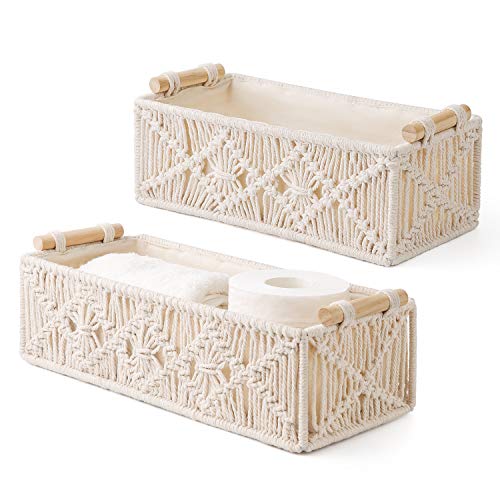 2Pc Macrame Storage Baskets, Boho Bathroom Toilet... (Ivory | Jute)