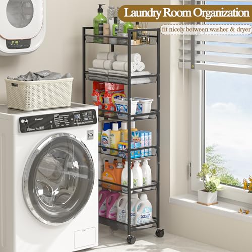 6 Tier Slim Rolling Storage Cart, Narrow Mobile Shelving Unit Organizer Utility Cart with Wheels, Metal Wire Storage Rack with Baskets for Kitchen, Bathroom, Laundry & Living Room, 10in(W) Black