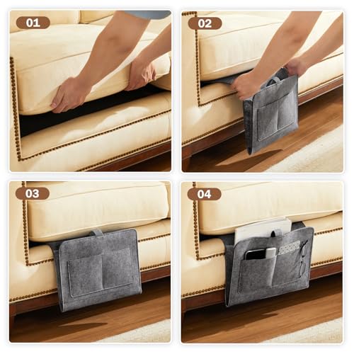 YOUDENOVA Bedside Caddy, Bedside Organizer for Dorm Room, Bunk Bed, Grey | Soft Felt Fabric Bed Caddy, Bedside Pocket, Remote Control Holder for Bedroom, Dorm, Bunk Bed & Sofa, Books, Phones & Glasses