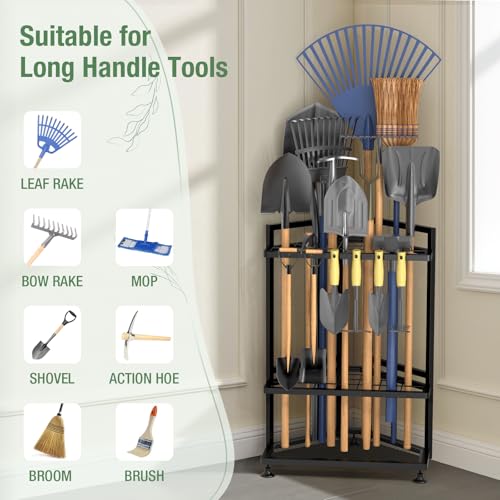 Garden Tool Organizer for Corner,Metal Yard Tool Organizer for Long-Handled Tools/Rakes/Brooms,Side Garden Pocket,Heavy Duty Steel Yard Tool Storage Rack for Garage,Shed, Outdoor
