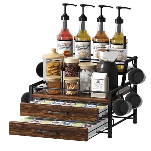 Coffee Syrup Rack Organizer - 4-Tier 8 Syrup Wine... (Rustic Brown | Metal, Wood)