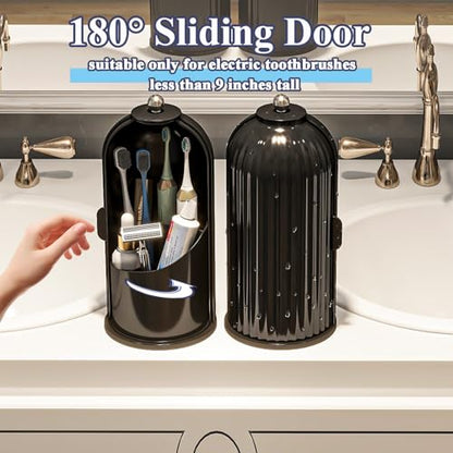 Toothbrush and Toothpaste Holders with Cover, Solid Black | Waterproof and Dustproof, 360° Rotating Base, Smooth Sliding Door, 3 Slots, for Bathroom Countertop