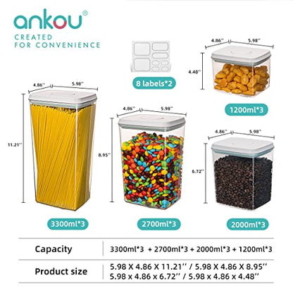 Pop Airtight Food Storage Containers with Lids for Kitchen Pantry Organizing Stackable Container for Cereal Snack Flour Sugar Coffee Spaghetti -12 Pcs(1.2, 2.0, 2.7, 3.3qt)*3