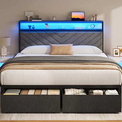 Queen Bed Frame with 2 Drawers, Upholstered Headboard with Storage and Charging Station, LED Lights, Fabric Drawers with Wheels, Under Bed Storage, No Box Spring Needed, Easy Assembly, Grey
