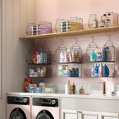 X-cosrack 5 Tier Closet Hanging Organizer, Clothes Hanging Shelves with 4 Hanging Hooks 5 S Hooks, Wire Storage Basket Bins, for Clothing Sweaters Shoes Handbags Clutches Accessories Patent Design