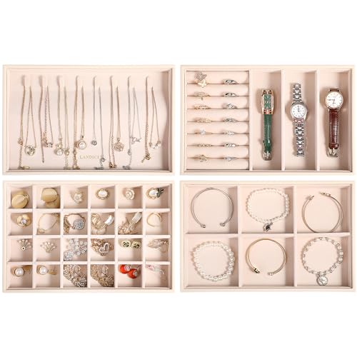 LANDICI Stackable Jewelry Organizer Trays 4 Set,PU Leather Jewelry Organizer Drawer,Jewelry Storage Display Tray for Earring Necklace Rings Bracelet with Removable Dividers,Apricot