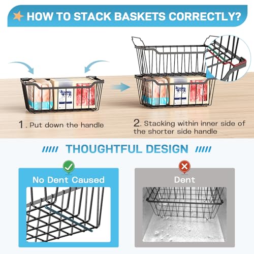 Freezer Organizer Bins, 4 Pack Stackable Chest Freezer Organizer for 5-7 Cu.FT Deep Freezer Sort Frozen Meats and Food, Freezer Storage Baskets with Handles Easy Reach from Bottom, Black